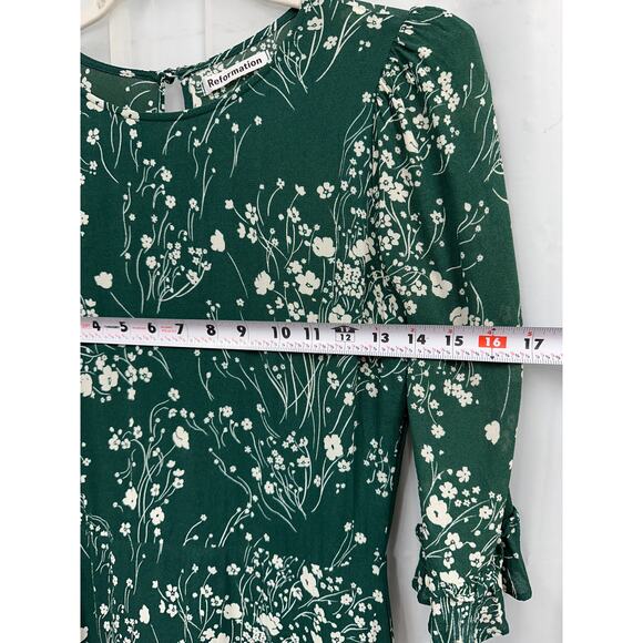 Reformation 8 Doutzen Floral Mini 3/4 Sleeve Dress Ruffle Fir & Flare Lake Green - Picture 8 of 15